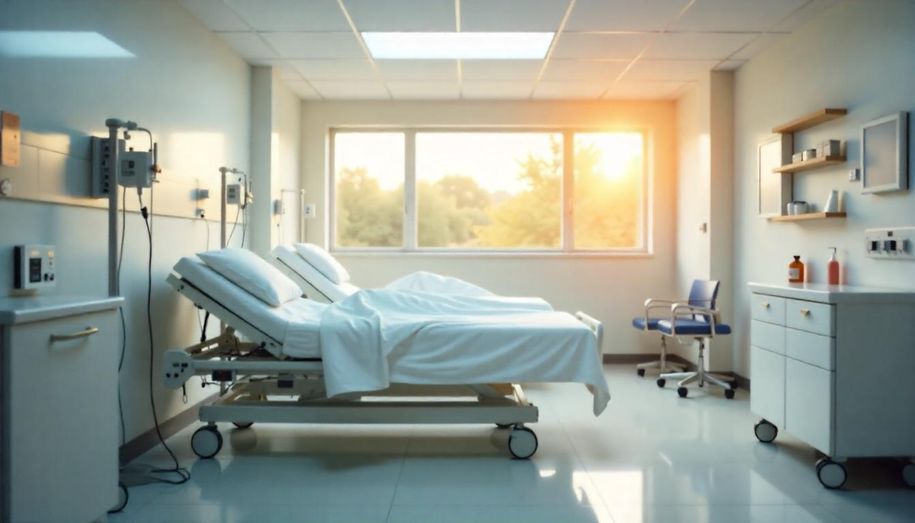 bright hospital room with empty beds and modern design