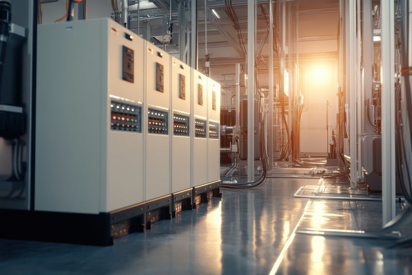 Modern equipment is lined up in a high-tech facility, illuminated by warm sunset light entering the space.